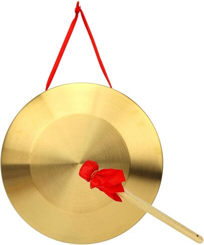 12.6 Inch Chinese Traditional Copper Gong With Hammer& Red Hanging Ribbon - Small Gong, Sound Healing, Yoga, Celebration, Party, Festival Percussion Instrument (Yellow) in Kuwait