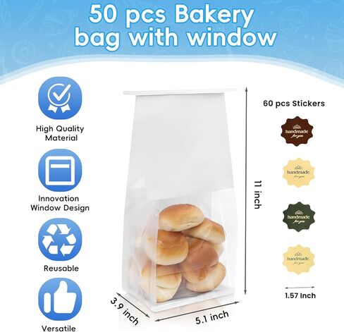 50 قطعة من أكياس الخبز مع نافذة، مقاس 13.9 سم × 9.9 سم × 27.94 سم، أكياس بسكويت الخبز بقفل من القصدير، أكياس خبز ورقية قابلة لإعادة الاستخدام للوجبات الخفيفة والفشار والحلوى والسلع المخبوزة، تتضمن 60 قطعة من الملصقات in Kuwait