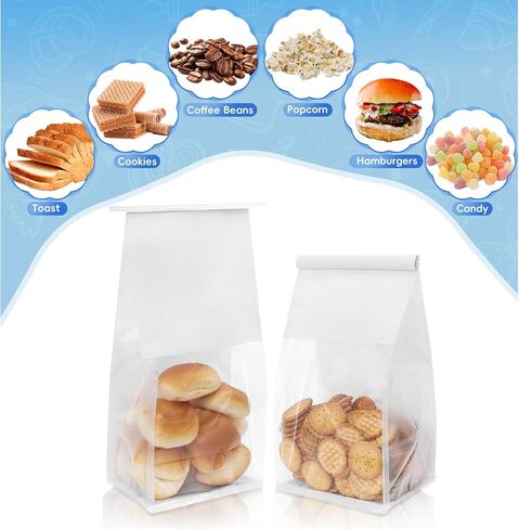 50 قطعة من أكياس الخبز مع نافذة، مقاس 13.9 سم × 9.9 سم × 27.94 سم، أكياس بسكويت الخبز بقفل من القصدير، أكياس خبز ورقية قابلة لإعادة الاستخدام للوجبات الخفيفة والفشار والحلوى والسلع المخبوزة، تتضمن 60 قطعة من الملصقات in Kuwait
