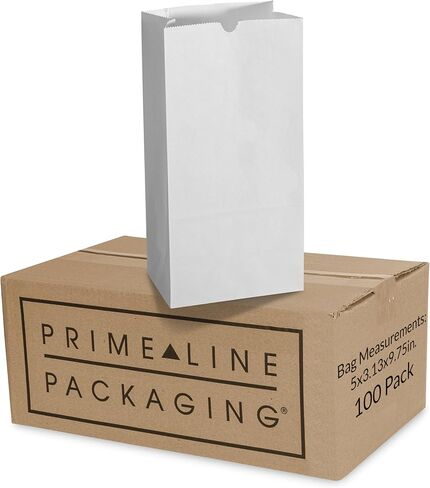 Prime Line Packaging Disposable Paper Bags, White Lunch Bags, Extra Small Kraft Paper Bags for Takeout Goodies, Grocery Delivery, Snacks, Bulk, 4 LB, 5x3.13x9.75, 100 Pack in Kuwait