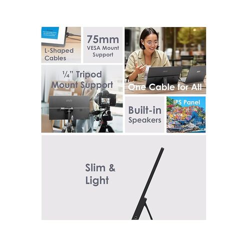 MSI Pro MP161 E2 Portable Monitor, 15.6" FHD IPS 1080p, USB Type-C, Mini-HDMI, Built-in Speakers, Perfect for PC, Mac, PS5, PS4, Xbox, Mobile, Metal Gray in Kuwait