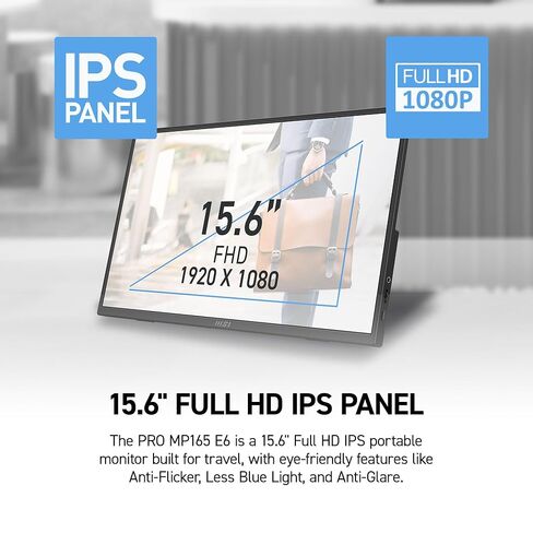 MSI Pro MP161 E2 Portable Monitor, 15.6" FHD IPS 1080p, USB Type-C, Mini-HDMI, Built-in Speakers, Perfect for PC, Mac, PS5, PS4, Xbox, Mobile, Metal Gray in Kuwait