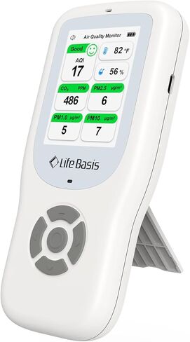 LifeBasis Air Quality Monitor Indoor, 11-in-1 Air Quality Detector with Stand, Air Meter Test AQI, PM1.0, PM2.5, PM10, CO2, TVOC, HCHO, Particles, Temperature and Humidity with Alert in Kuwait