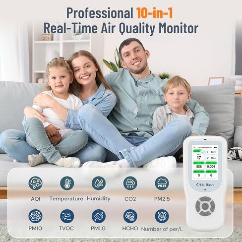 LifeBasis Air Quality Monitor Indoor, 11-in-1 Air Quality Detector with Stand, Air Meter Test AQI, PM1.0, PM2.5, PM10, CO2, TVOC, HCHO, Particles, Temperature and Humidity with Alert in Kuwait