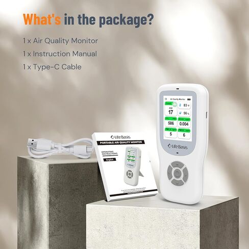 LifeBasis Air Quality Monitor Indoor, 11-in-1 Air Quality Detector with Stand, Air Meter Test AQI, PM1.0, PM2.5, PM10, CO2, TVOC, HCHO, Particles, Temperature and Humidity with Alert in Kuwait
