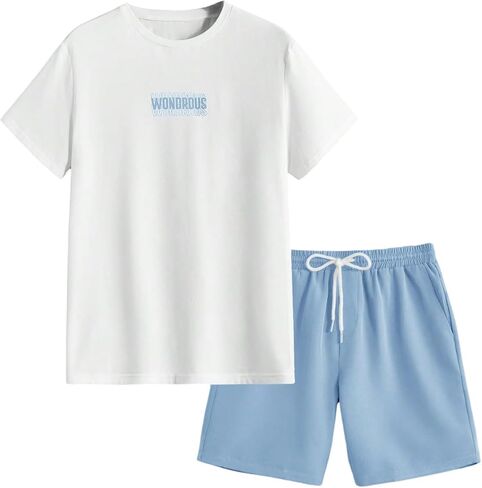 VIPWOLF Men's Casual Sets 2 Piece Outfits Letter Graphic Short Sleeve Tee Shirts and Drawstring Waist Shorts Tracksuits in Saudi Arabia