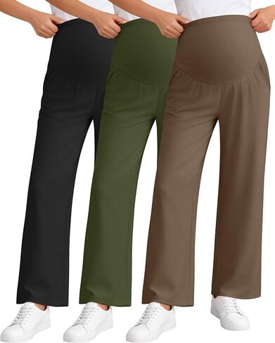 3 Pack Women's Maternity Pants Over The Belly Pregnancy Pants Stretchy Loose Wide Leg Lounge Pajama with Pockets in Kuwait