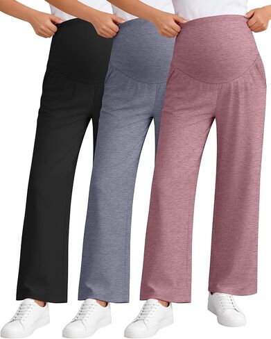 3 Pack Women's Maternity Pants Over The Belly Pregnancy Pants Stretchy Loose Wide Leg Lounge Pajama with Pockets in Saudi Arabia