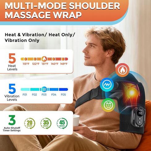 وسادة تدفئة كتف لاسلكية مع تدليك، لفافة كتف ساخنة، وحدة تحكم مغناطيسية قابلة للفصل، دعامة كتف ساخنة لتخفيف الألم مع 5 أوضاع تسخين واهتزاز (أسود) in Kuwait