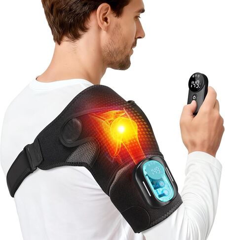 وسادة تدفئة كتف لاسلكية مع تدليك، لفافة كتف ساخنة، وحدة تحكم مغناطيسية قابلة للفصل، دعامة كتف ساخنة لتخفيف الألم مع 5 أوضاع تسخين واهتزاز (أسود) in Kuwait