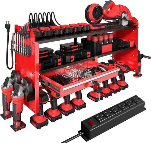 KSVO Power Tool Organizer Wall Mount with Drill Rack, Grinder Holder, Hammer & Pliers Rack, Locking Drawers, 6-Outlet Charging Shelf – Heavy Duty Metal Tool Storage for Garage, Workshop (Red) in Saudi Arabia