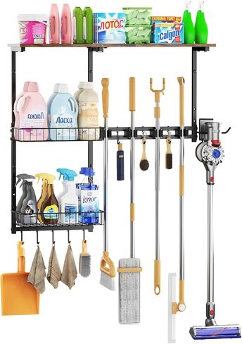 Broom Holder Wall Mount，Mop Rack With Storage Basket,Diversity Laundry Room Cleaning Tool Storage container，Suitable Family Garage Kitchen Organization Wall-Mounted Rack (Black, Medium) in Saudi Arabia