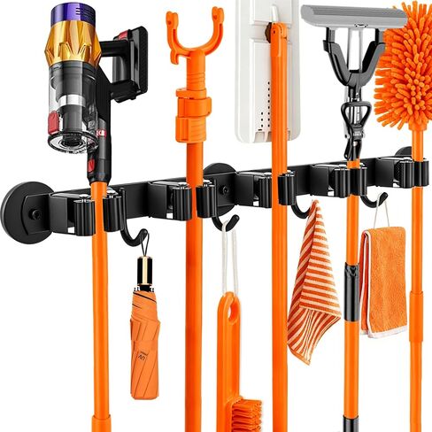 حامل مكنسة مغناطيسي مثبت على الحائط مع 4 خطافات و5 رفوف - شماعة ممسحة شديدة التحمل غير قابلة للانزلاق للمماسح الرطبة وأدوات التنظيف على الثلاجة، الباب المعدني، المرآب، المطبخ، غرفة الغسيل in Kuwait
