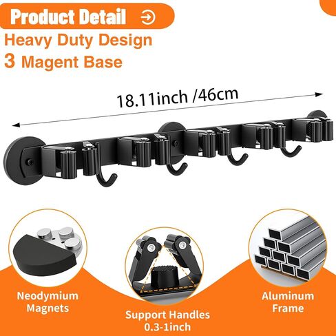 حامل مكنسة مغناطيسي مثبت على الحائط مع 4 خطافات و5 رفوف - شماعة ممسحة شديدة التحمل غير قابلة للانزلاق للمماسح الرطبة وأدوات التنظيف على الثلاجة، الباب المعدني، المرآب، المطبخ، غرفة الغسيل in Kuwait