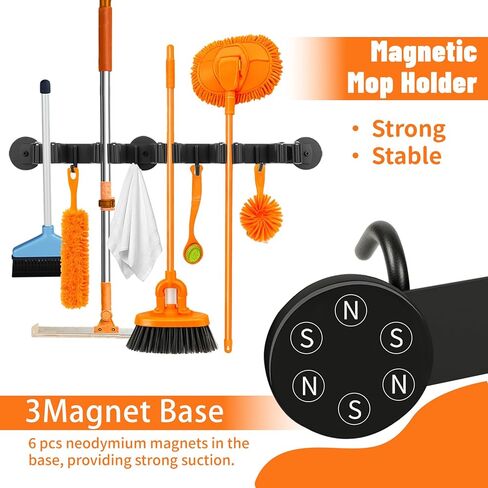 حامل مكنسة مغناطيسي مثبت على الحائط مع 4 خطافات و5 رفوف - شماعة ممسحة شديدة التحمل غير قابلة للانزلاق للمماسح الرطبة وأدوات التنظيف على الثلاجة، الباب المعدني، المرآب، المطبخ، غرفة الغسيل in Kuwait