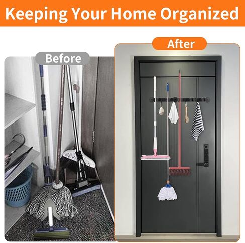 حامل مكنسة مغناطيسي مثبت على الحائط مع 4 خطافات و5 رفوف - شماعة ممسحة شديدة التحمل غير قابلة للانزلاق للمماسح الرطبة وأدوات التنظيف على الثلاجة، الباب المعدني، المرآب، المطبخ، غرفة الغسيل in Kuwait