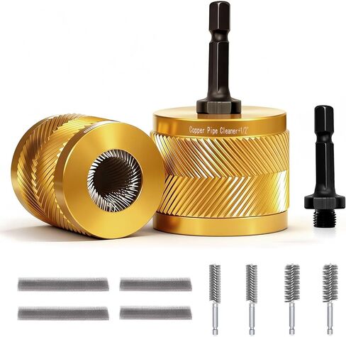 1/2" & 3/4" Copper Pipe Cleaner Set for Drill, with 1/4" Hex Shank & 8 Brush Blades& 2 Pipe Cleaning Brush, Plumbing Tools for Removing Rust, Stains & Paint from Copper & Metal Pipes (Yellow) in Saudi Arabia