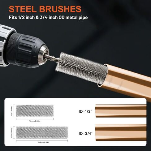 1/2" & 3/4" Copper Pipe Cleaner Set for Drill, with 1/4" Hex Shank & 8 Brush Blades& 2 Pipe Cleaning Brush, Plumbing Tools for Removing Rust, Stains & Paint from Copper & Metal Pipes (Yellow) in Saudi Arabia