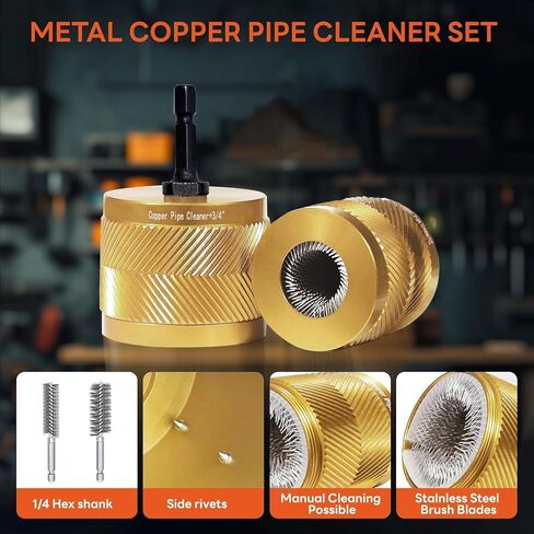 1/2" & 3/4" Copper Pipe Cleaner Set for Drill, with 1/4" Hex Shank & 8 Brush Blades& 2 Pipe Cleaning Brush, Plumbing Tools for Removing Rust, Stains & Paint from Copper & Metal Pipes (Yellow) in Saudi Arabia