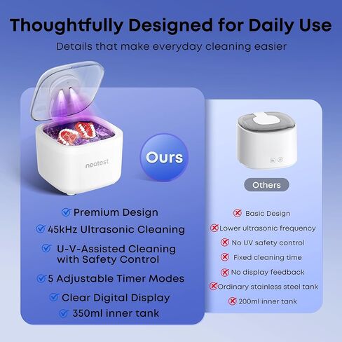 NEATEST Ultrasonic Retainer Cleaner Machine, 45kHz Ultrasonic Retainer with 350ml/11.8oz Stainless Steel Tank, 5 Adjustable Cleaning Cycles for Dentures, Aligners, Braces and Mouth Guards in Saudi Arabia