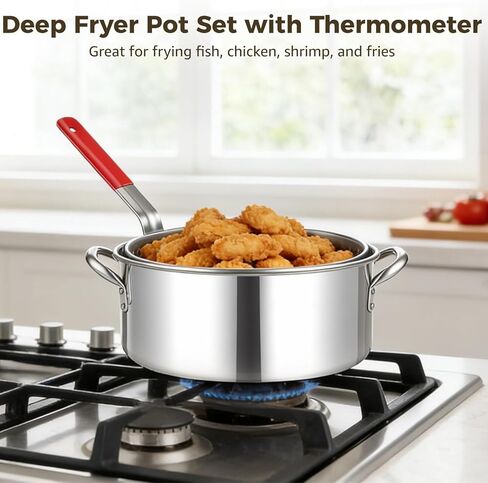 وعاء مقلاة عميقة من الفولاذ المقاوم للصدأ 10 كيو تي مع غطاء سلة ملقط ومقياس حرارة، مجموعة مقلاة السمك لمواقد البروبان والغاز، وليس للحث أو أسطح الطبخ الكهربائية in Kuwait