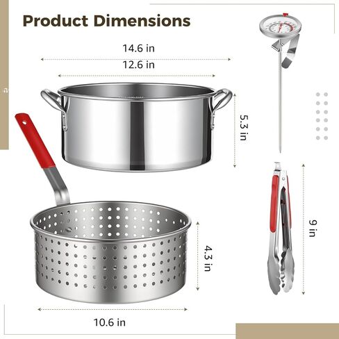 وعاء مقلاة عميقة من الفولاذ المقاوم للصدأ 10 كيو تي مع غطاء سلة ملقط ومقياس حرارة، مجموعة مقلاة السمك لمواقد البروبان والغاز، وليس للحث أو أسطح الطبخ الكهربائية in Kuwait