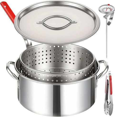 وعاء مقلاة عميقة من الفولاذ المقاوم للصدأ 10 كيو تي مع غطاء سلة ملقط ومقياس حرارة، مجموعة مقلاة السمك لمواقد البروبان والغاز، وليس للحث أو أسطح الطبخ الكهربائية in Kuwait