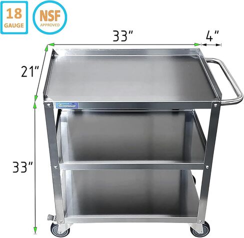 عربة المرافق التجارية المصنوعة من الفولاذ المقاوم للصدأ - عربة معدنية للمطبخ مكونة من 3 أرفف بعجلات (33 بوصة × 21 بوصة × 33 بوصة) | تخزين متدحرج للخدمة الشاقة للمطعم أو تقديم الطعام أو الاستخدام المنزلي | معتمد من NSF in Kuwait