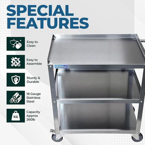 عربة المرافق التجارية المصنوعة من الفولاذ المقاوم للصدأ - عربة معدنية للمطبخ مكونة من 3 أرفف بعجلات (33 بوصة × 21 بوصة × 33 بوصة) | تخزين متدحرج للخدمة الشاقة للمطعم أو تقديم الطعام أو الاستخدام المنزلي | معتمد من NSF in Kuwait