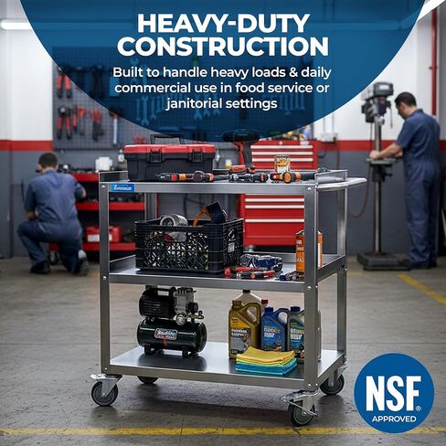 عربة المرافق التجارية المصنوعة من الفولاذ المقاوم للصدأ - عربة معدنية للمطبخ مكونة من 3 أرفف بعجلات (33 بوصة × 21 بوصة × 33 بوصة) | تخزين متدحرج للخدمة الشاقة للمطعم أو تقديم الطعام أو الاستخدام المنزلي | معتمد من NSF in Kuwait