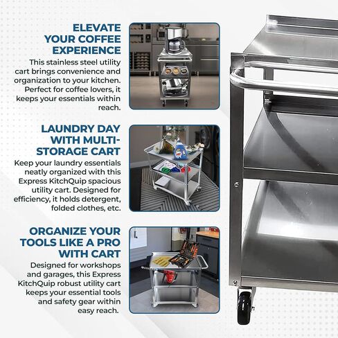 عربة المرافق التجارية المصنوعة من الفولاذ المقاوم للصدأ - عربة معدنية للمطبخ مكونة من 3 أرفف بعجلات (33 بوصة × 21 بوصة × 33 بوصة) | تخزين متدحرج للخدمة الشاقة للمطعم أو تقديم الطعام أو الاستخدام المنزلي | معتمد من NSF in Kuwait
