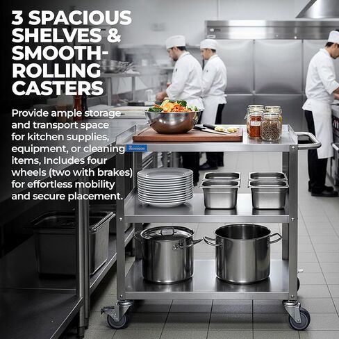 عربة المرافق التجارية المصنوعة من الفولاذ المقاوم للصدأ - عربة معدنية للمطبخ مكونة من 3 أرفف بعجلات (33 بوصة × 21 بوصة × 33 بوصة) | تخزين متدحرج للخدمة الشاقة للمطعم أو تقديم الطعام أو الاستخدام المنزلي | معتمد من NSF in Kuwait