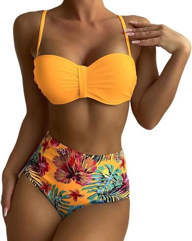 High Waisted Bikini Set, Orange Bandeau Top with Tropical Floral Bottom Swimwear, Two Piece Swimsuit Summer Beachwear PQ23001 in Saudi Arabia