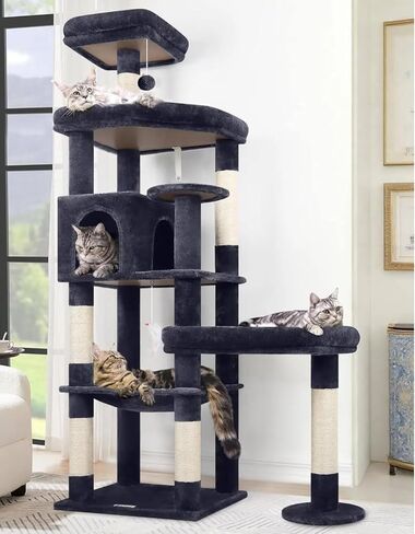 Globlazer Extra Large Platform Cat Tree, 65in Sturdy Cat Scratching Tree for Indoor Cats Large Adult, Big Cat Perch Tower with 3 Padded Perches, 6 Scratching Posts, Cat Condo, Hammock, S65, Dark Grey in Kuwait