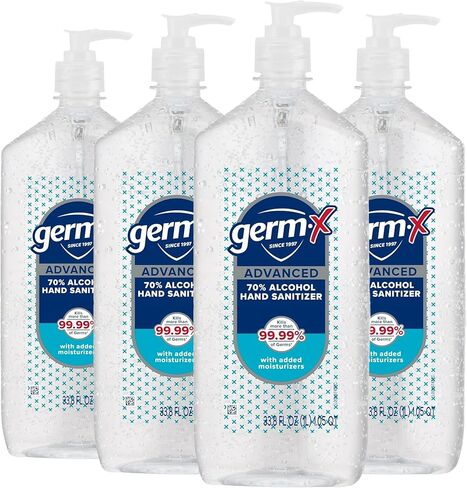 معقم اليدين المتطور Germ-X، 1 لتر (عبوة من 4 قطع)، جل شفاف مرطب أقل جفافًا، تركيبة لا تحتاج للشطف، زجاجة مضخة بحجم عائلي كبير in Kuwait