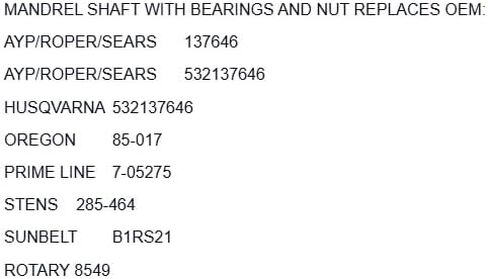Replacement for MANDREL SHAFT W/BEARINGS AND NUT 137646 532137646 130794 133172 137645 OEM in Saudi Arabia