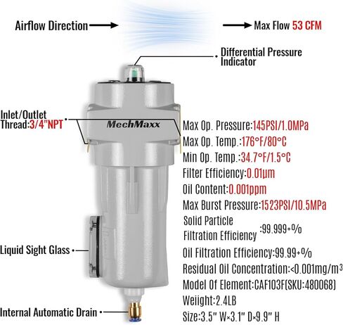 MechMaxx 53 CFM Compressed Air Oil-Water Separator Precision Filter,0.01μm,Oil Content 0.001ppm, With Auto Drain, Pressure Indicator,Recommended for use with M10AC230,Model CAF103 in Kuwait