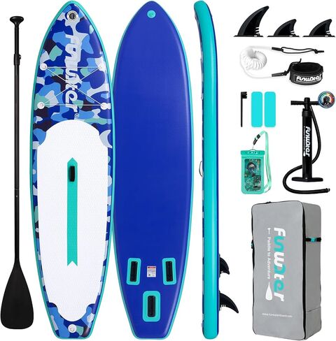 لوح تجديف قابل للنفخ من FunWater SUP، لوح تجديف قابل للنفخ خفيف للغاية مع ملحقات SUP وزعانف ومجداف قابل للتعديل ومضخة وحقيبة ظهر ومقود وحقيبة هاتف مقاومة للماء (أزرق) in Saudi Arabia