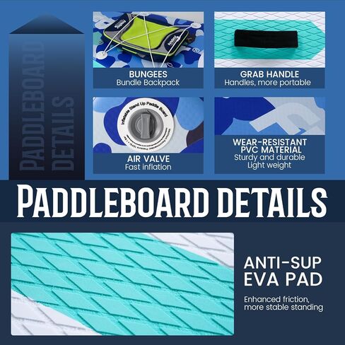 لوح تجديف قابل للنفخ من FunWater SUP، لوح تجديف قابل للنفخ خفيف للغاية مع ملحقات SUP وزعانف ومجداف قابل للتعديل ومضخة وحقيبة ظهر ومقود وحقيبة هاتف مقاومة للماء (أزرق) in Saudi Arabia