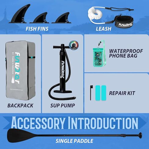 لوح تجديف قابل للنفخ من FunWater SUP، لوح تجديف قابل للنفخ خفيف للغاية مع ملحقات SUP وزعانف ومجداف قابل للتعديل ومضخة وحقيبة ظهر ومقود وحقيبة هاتف مقاومة للماء (أزرق) in Saudi Arabia