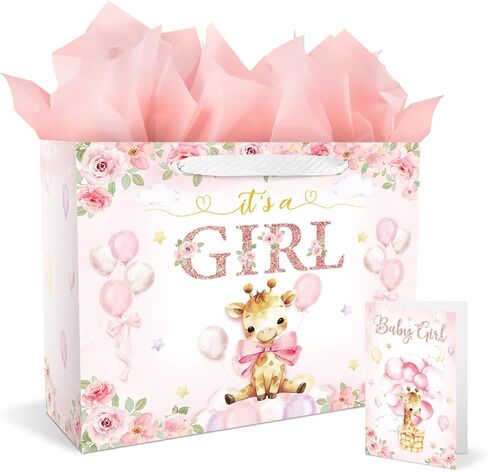 Cute Woolland Animal Baby Gift Bag for Baby Shower, 13" Large Baby Boy Girl Gift Bag with Tissue Paper and Greeting Card for Newborn Baby, Baby Bag for Birthday, 1 Pcs in Kuwait