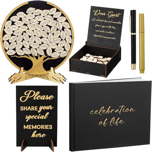 Leinuosen Wooden Funeral Guest Book Set for Memorial Service Celebration of Life Decorations Loving Memory Guestbook Share a Memory or Words of Love Cards Pen Table Sign(Brown and White) in Saudi Arabia