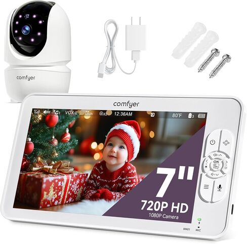 7" Split-Screen Baby Monitor with 2 1080P Cameras, 720P HD No WiFi Monitor with a Flexible Bracket, Video Baby Monitor with Camera and Audio, 2 Way Audio, Remote PTZ, Auto Night Vision in Kuwait