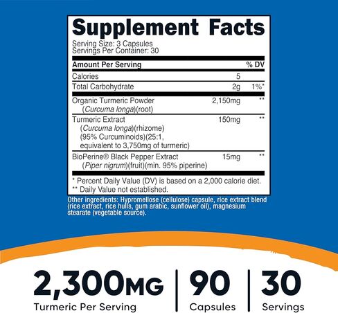 Nutricost الكركم مع BioPerine (2,300 مجم) 90 كبسولة - 95% كوركومينويد ومستخلص الفلفل الأسود BioPerine، نباتي، خالي من الكائنات المعدلة وراثيًا، 30 وجبة in Kuwait