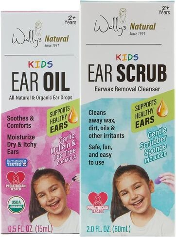 حزمة العناية الكاملة بالأذن للأطفال من Wally's Natural Kids، قطرات زيت الأذن، 0.5 أونصة سائلة، مقشر الأذن وإسفنجة تنظيف قابلة لإعادة الاستخدام، 2 أونصة سائلة، يتم استشارة طبيب الأطفال، يدعم الأذنين الصحية، آمن للأطفال بعمر 3 سنوات فما فوق in Kuwait