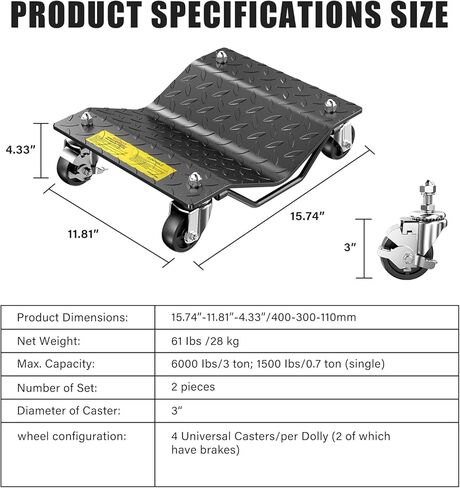 3000LBS Car Wheel Dolly, Heavy Duty Car Moving Cart with Brakes, 4mm Thick Steel Wheel Dolly Set of 2 Piece with Nylon Swivel Casters for Vehicle Relocation and Auto Repair in Saudi Arabia