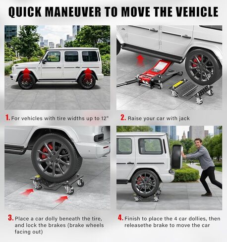 3000LBS Car Wheel Dolly, Heavy Duty Car Moving Cart with Brakes, 4mm Thick Steel Wheel Dolly Set of 2 Piece with Nylon Swivel Casters for Vehicle Relocation and Auto Repair in Saudi Arabia