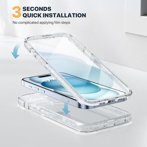Diaclara المصممة لحالة iPhone 15 ، علبة عرة كاملة من الجسم مع واقي شاشة مضاد للخلع حساس لللمس ، مع واقي عدسة الكاميرا لـ iPhone 15 6.1 "(Clear Glitter) in Kuwait