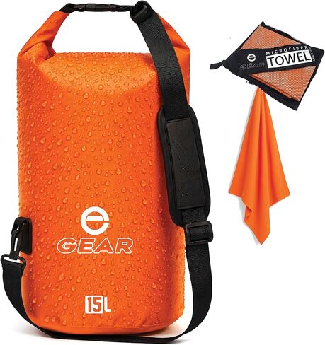 حقيبة جافة من متحمسون جير سعة 15 لتر - كيس جاف عائم مقاوم للماء للتجديف بالكاياك وركوب القوارب والتخييم والشاطئ - تتضمن منشفة من الألياف الدقيقة سريعة الجفاف (أخضر) in Kuwait