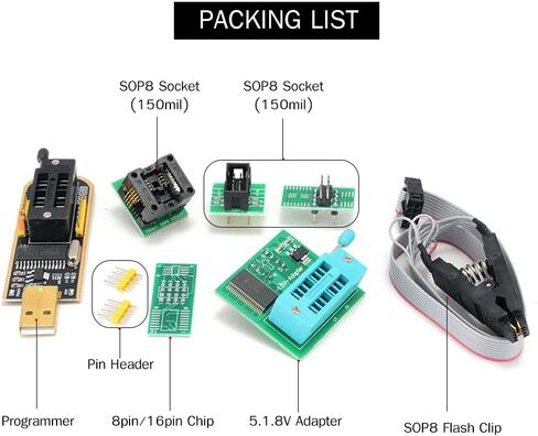 طقم مبرمج USB مع مشبك اختبار SOP8 وموقد EEPROM، طقم مبرمج فلاش BIOS Flasher SPI مع محول 1.8 فولت ومقبس SOP8 150 مل لسلسلة 24/25 in Saudi Arabia